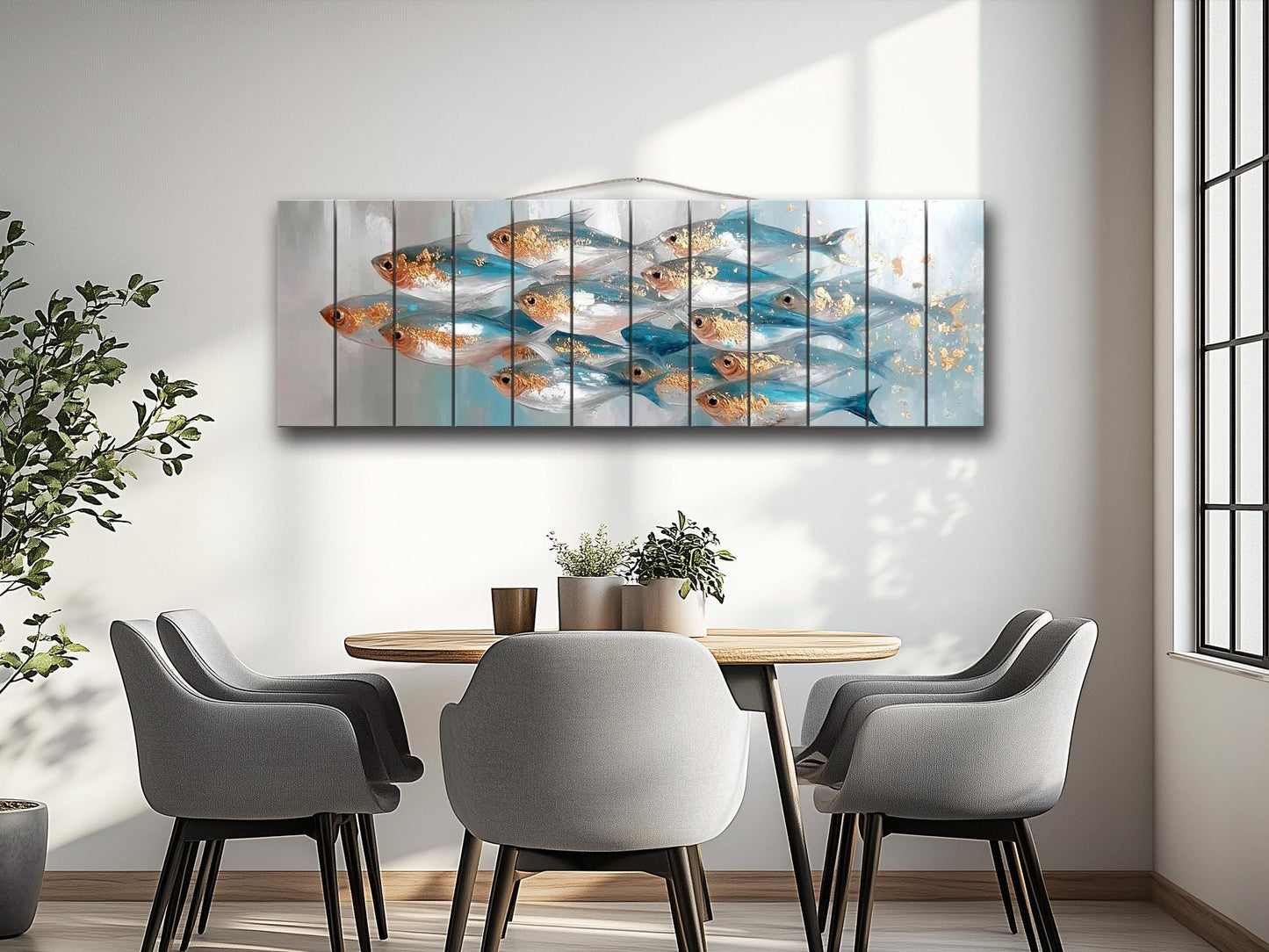School of Fish Print on Wood, Marine Abstract Painting, Coastal Wall Art