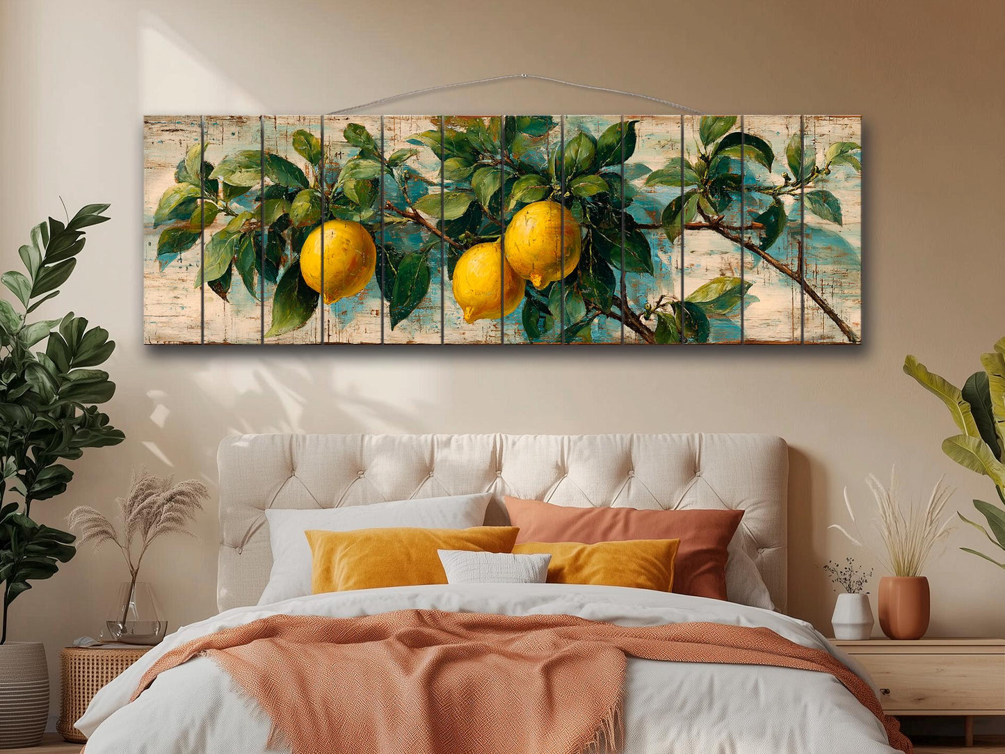 Wood Wall Art – Mediterranean Lemon Tree Painting Printed on Natural Wood, Rustic Lemon Tree Print, Cabin Wall Decor, Kitchen Wall Art