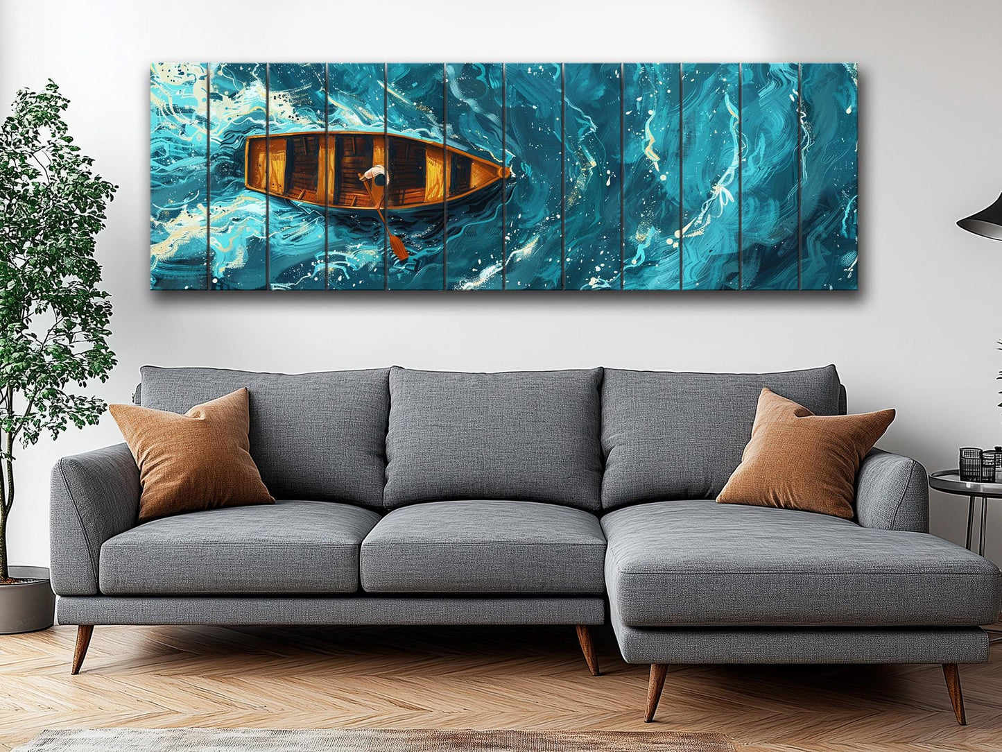 Wood Wall Art – Overhead Rowboat Print on Natural Wood Planks | Colorful Rustic Decor