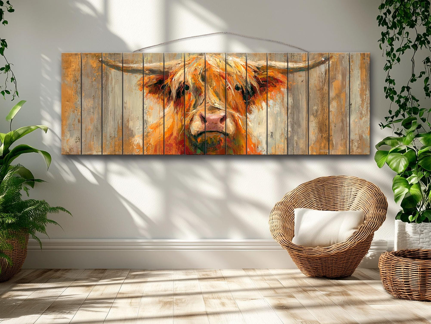 Rustic Wood Wall Art – Cheerful Highland Cow Print | Farmhouse Wall Decor