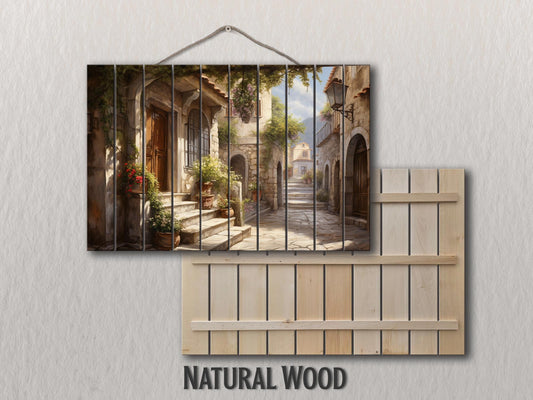 Italian Village Wall Art – Rustic Wood Plank Painting with Vibrant Italy Landscape Print