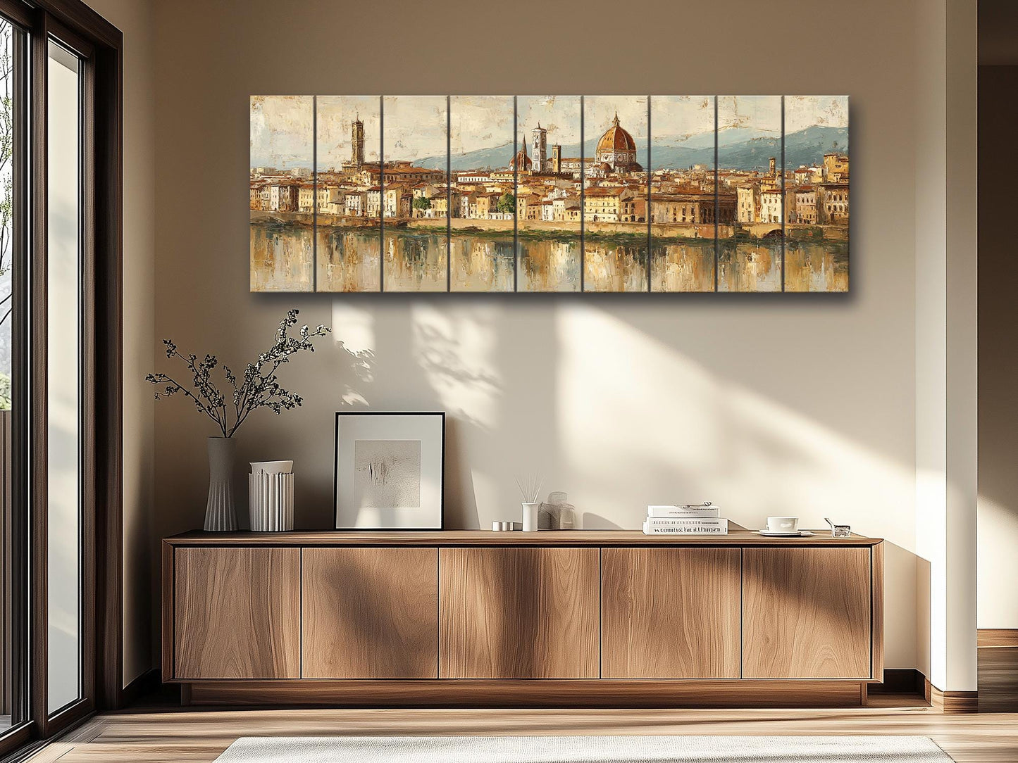 Florence Skyline Wood Print – Beige Wall Decor | Italian Cityscape Art On Wooden Hanging