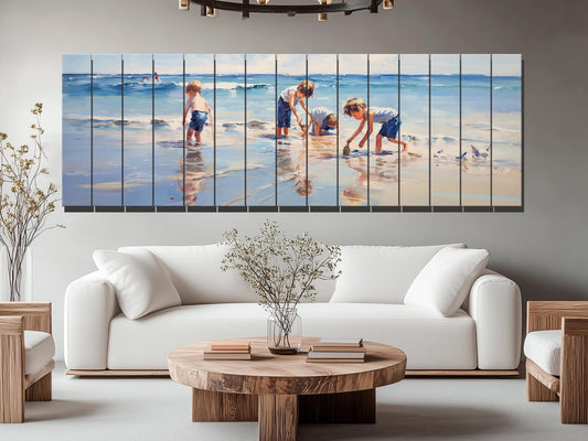 Wood Wall Art – Large Beach Wall Decor with Kids Playing on the Beach Print