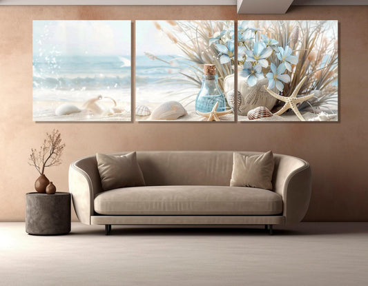 Sea Still Life Painting | Framed Canvas Print - Soft Colors Floral Beach Wall Art