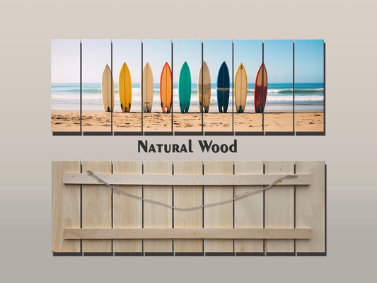 A Row Of Surfboards Print On Natural Wood