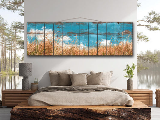 Wheat Field Print Wood – Rustic Landscape Painting | Farmhouse Wall Art Decor