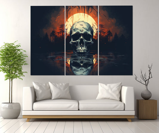 Gothic Wall Art – Skull Canvas Print with Full Moon | Vintage Gothic Painting, Ready to Hang
