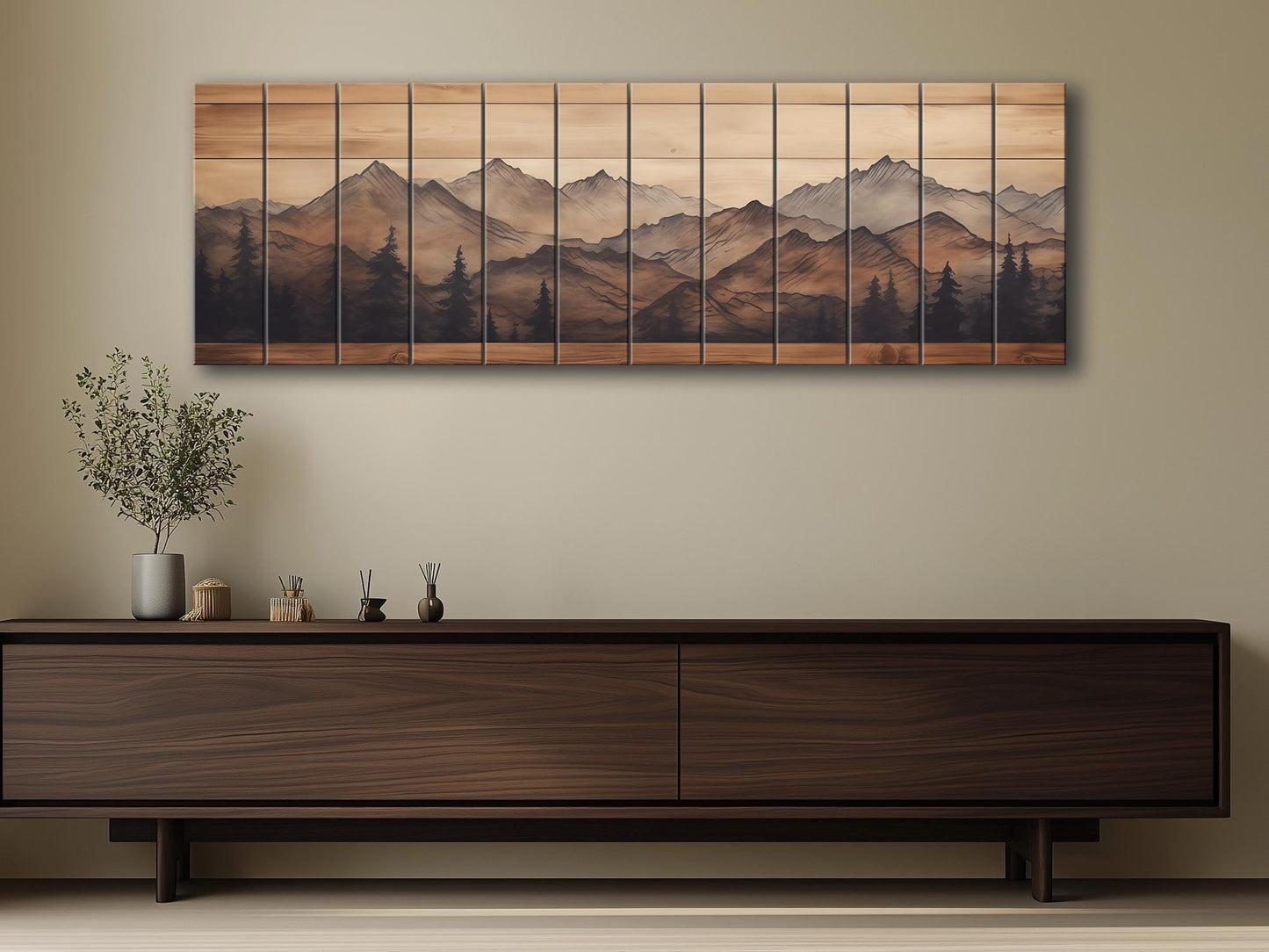 Rustic Wood Wall Art – Panoramic Mountain Art Print on Natural Wood Planks