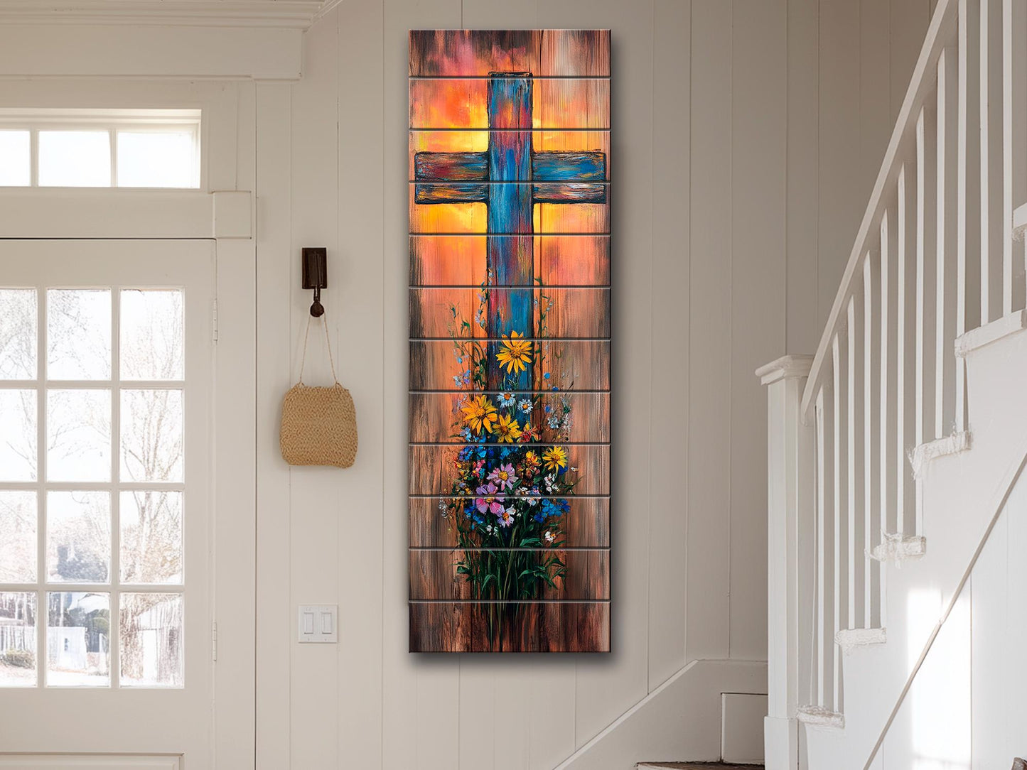 Rustic Cross with Wildflowers Painting Printed on Natural Wood – Christian Print on Wood, Religious Wall Art, Christian Wall Decor