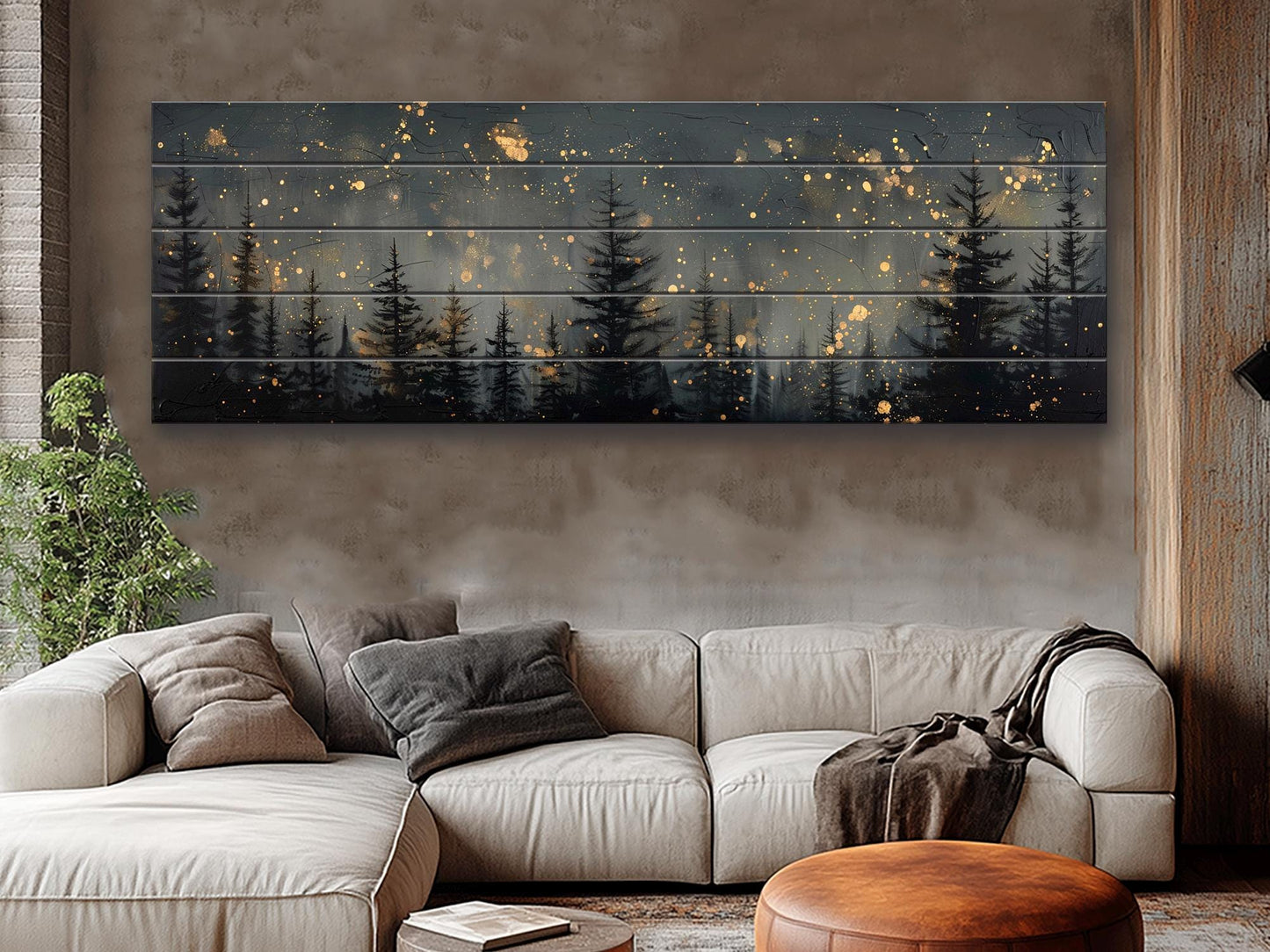 Wood Wall Art - Pine Forest Print | Starry Sky Painting on Wood Plank Art