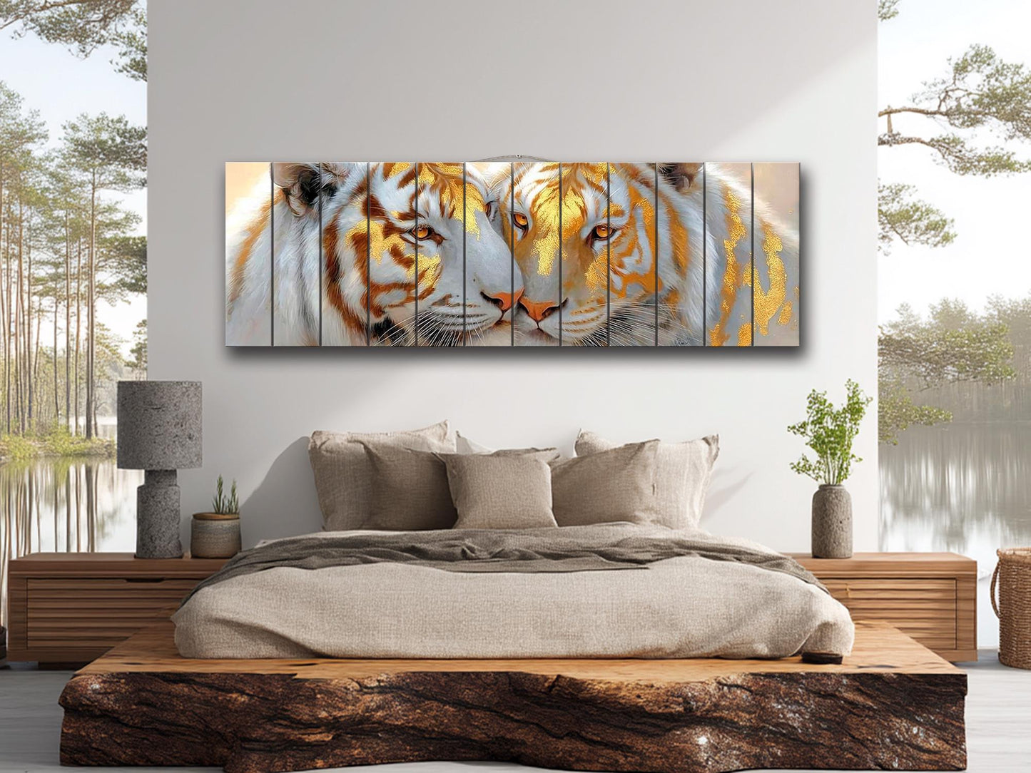 Tiger Couple Print on Wood, Majestic Wildlife Painting, Romantic Animal Wall Decor