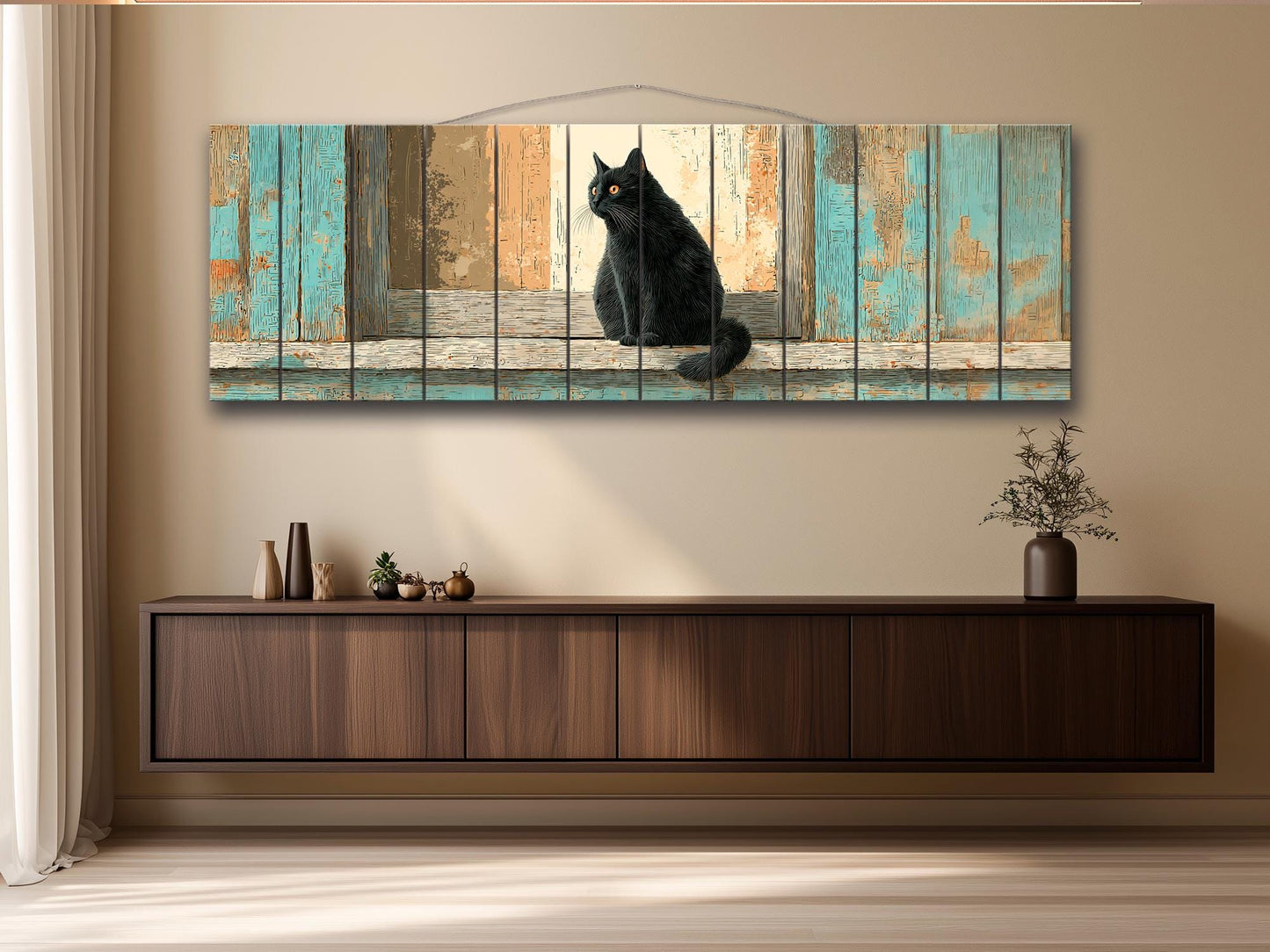 Black Cat Wood Art – Rustic Wood Print | Cozy Beige Aqua Wall Decor