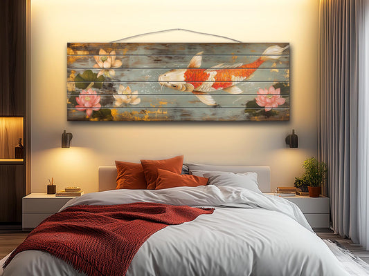 Wood Wall Art - Koi Fish Painting Printed on Wood, Fishing Wall Art, Koi Fish Poster, Fisherman Gift, Cabin Wall Decor, Fishing Lodge Decor