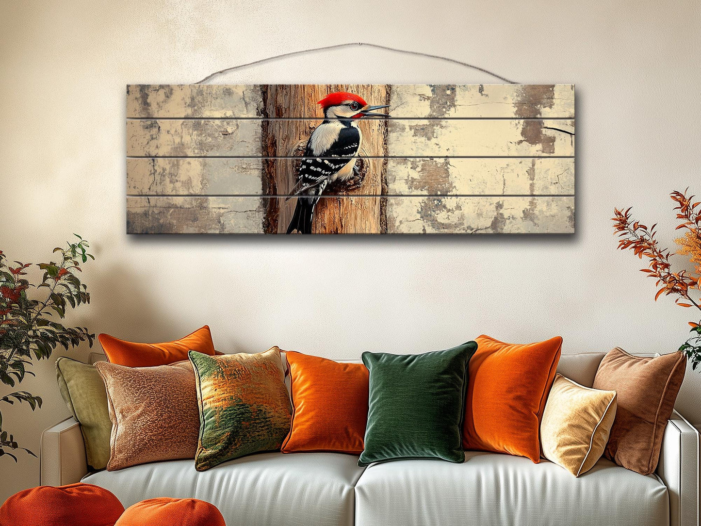Rustic Wood Wall Art - Woodpecker on a tree Vintage Style Painting Printed on Natural Wood, Woodpecker Print, Forest Birds Print