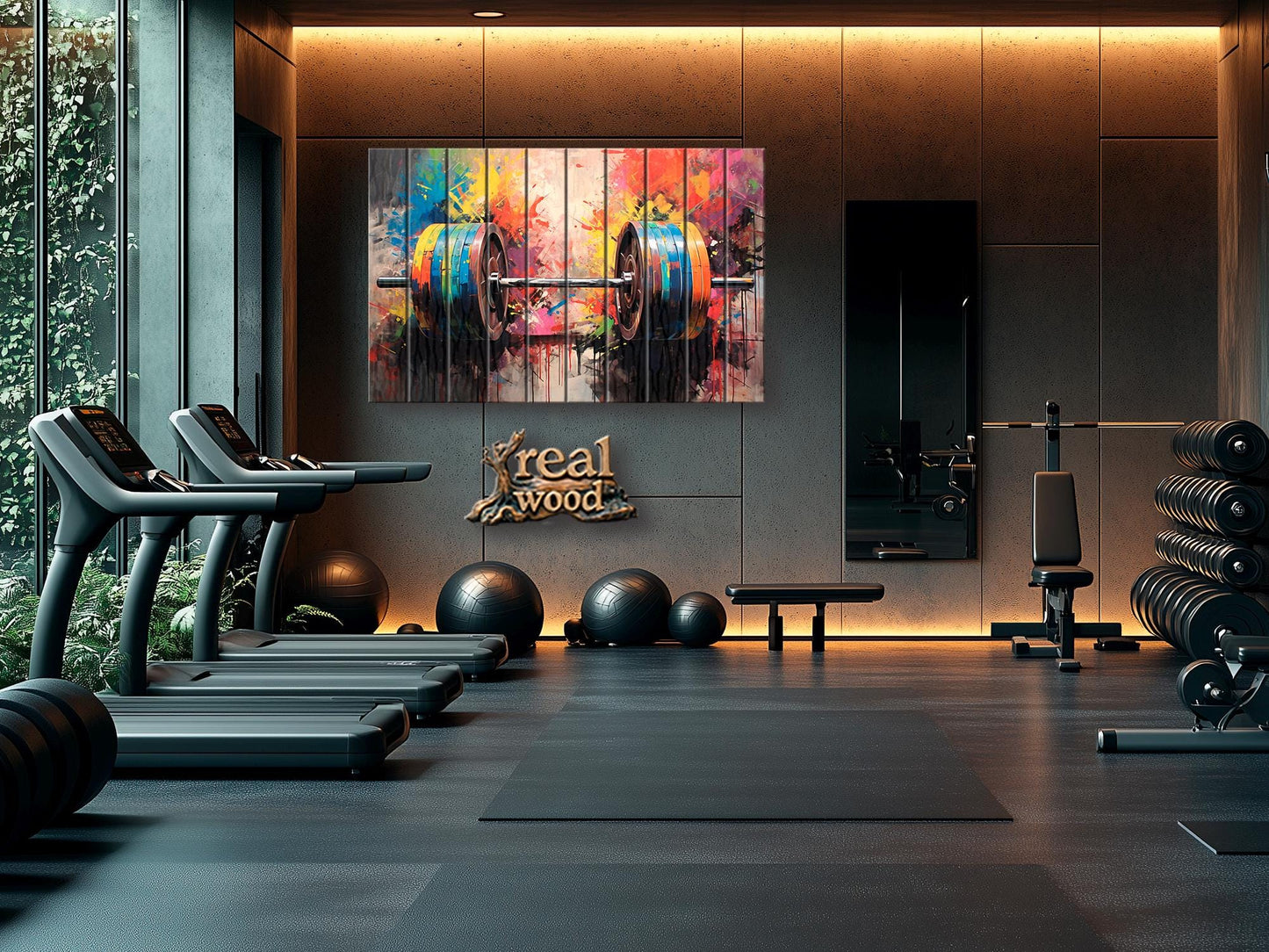 Barbell Wall Art – Abstract Wood Plank Painting | Gym Wall Decor, Motivational Gym Poster