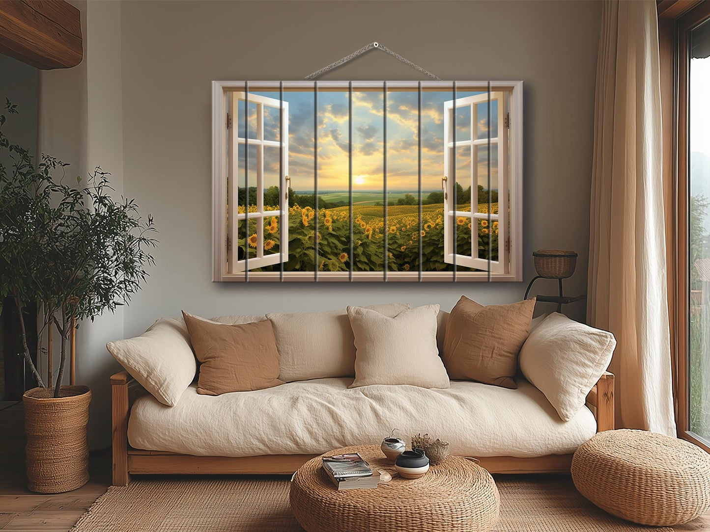 Wood Wall Art | Rustic Floral Wood Print with Sunflower Field Open Window Painting