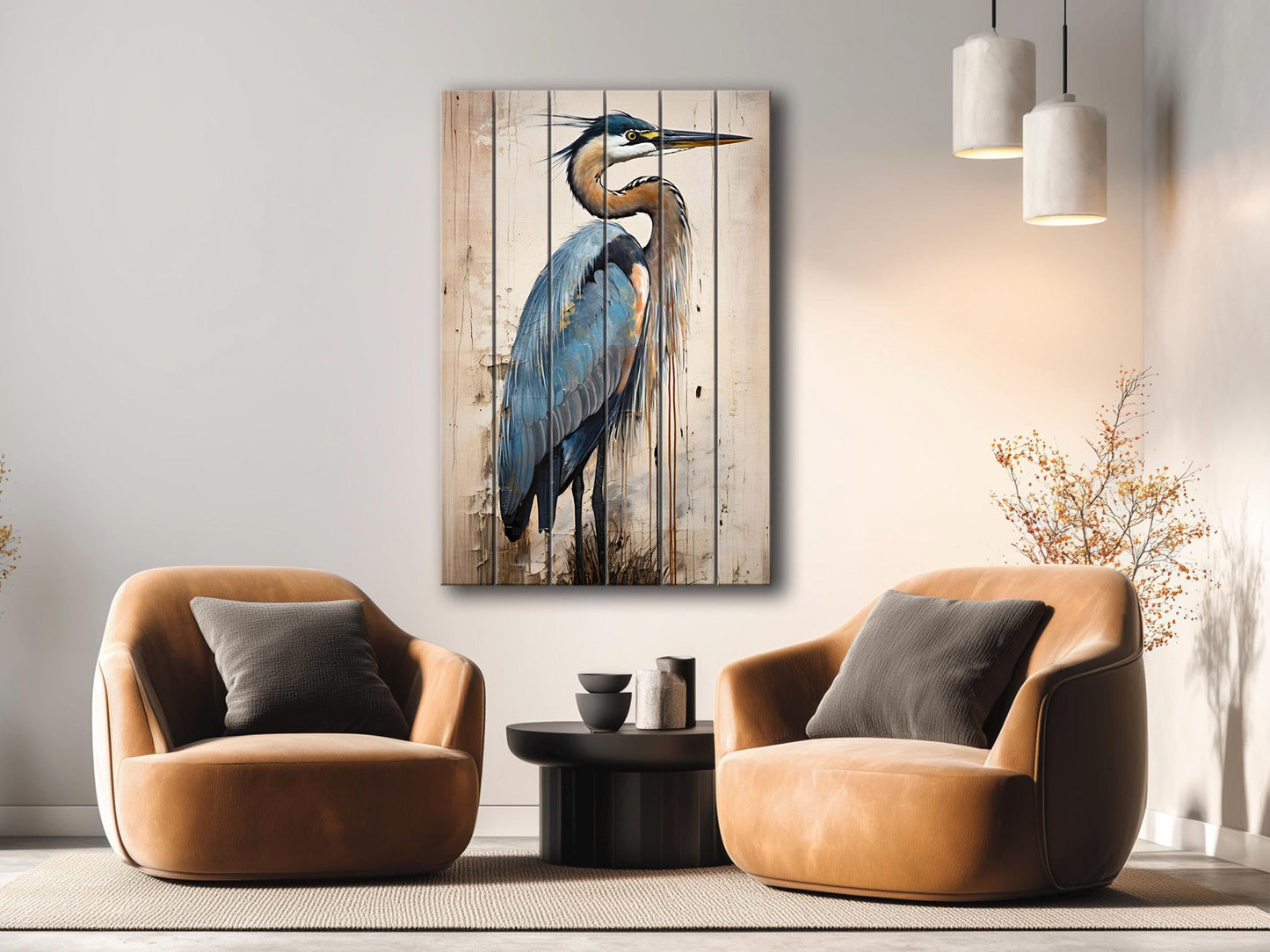 Heron Print on Natural Wood – Oil Painting Style Rustic Cabin Wall Art