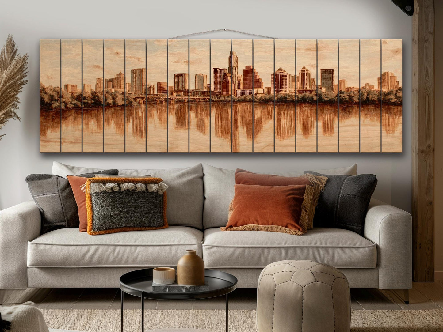 Austin Skyline Wood Print – Rustic Wood Art | Beige Wall Art, River Reflections Painting