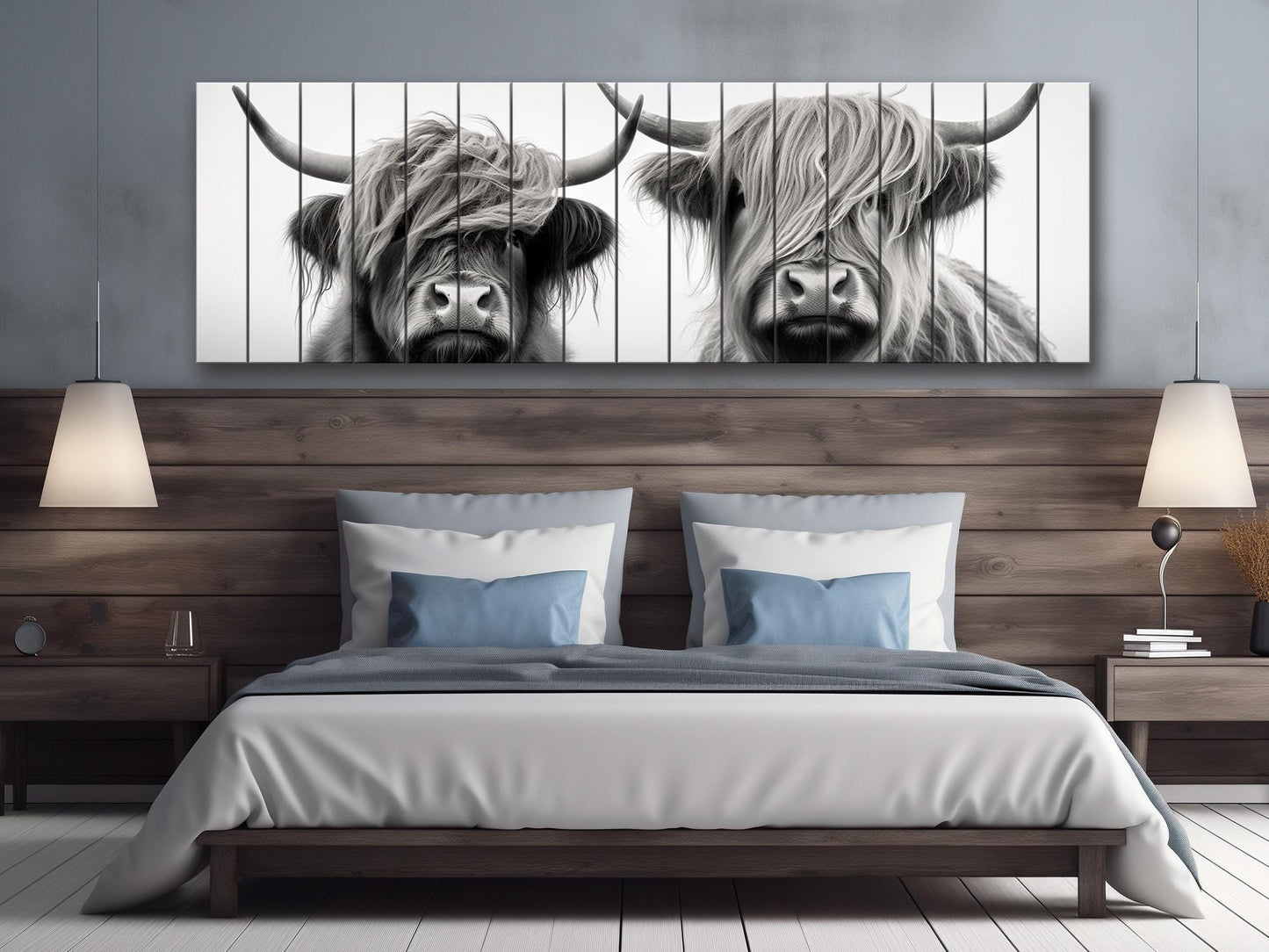 Highland Cows Wall Art - Rustic Wood Wall Decor with Romantic Cow Painting on Natural Wood