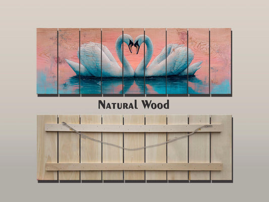 Swans Couple Forming a Heart at Sunrise Print on Natural Wood, Romantic Wall Art, Rustic Swans Painting, Swans Wall Art, Wood Wall Art