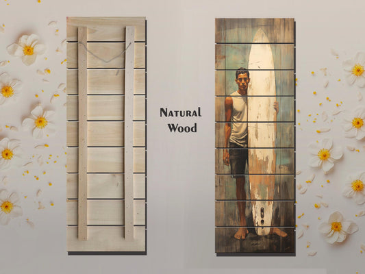 Vintage Surfer Art Print | Natural Wood Plank Artwork – Coastal Wall Decor