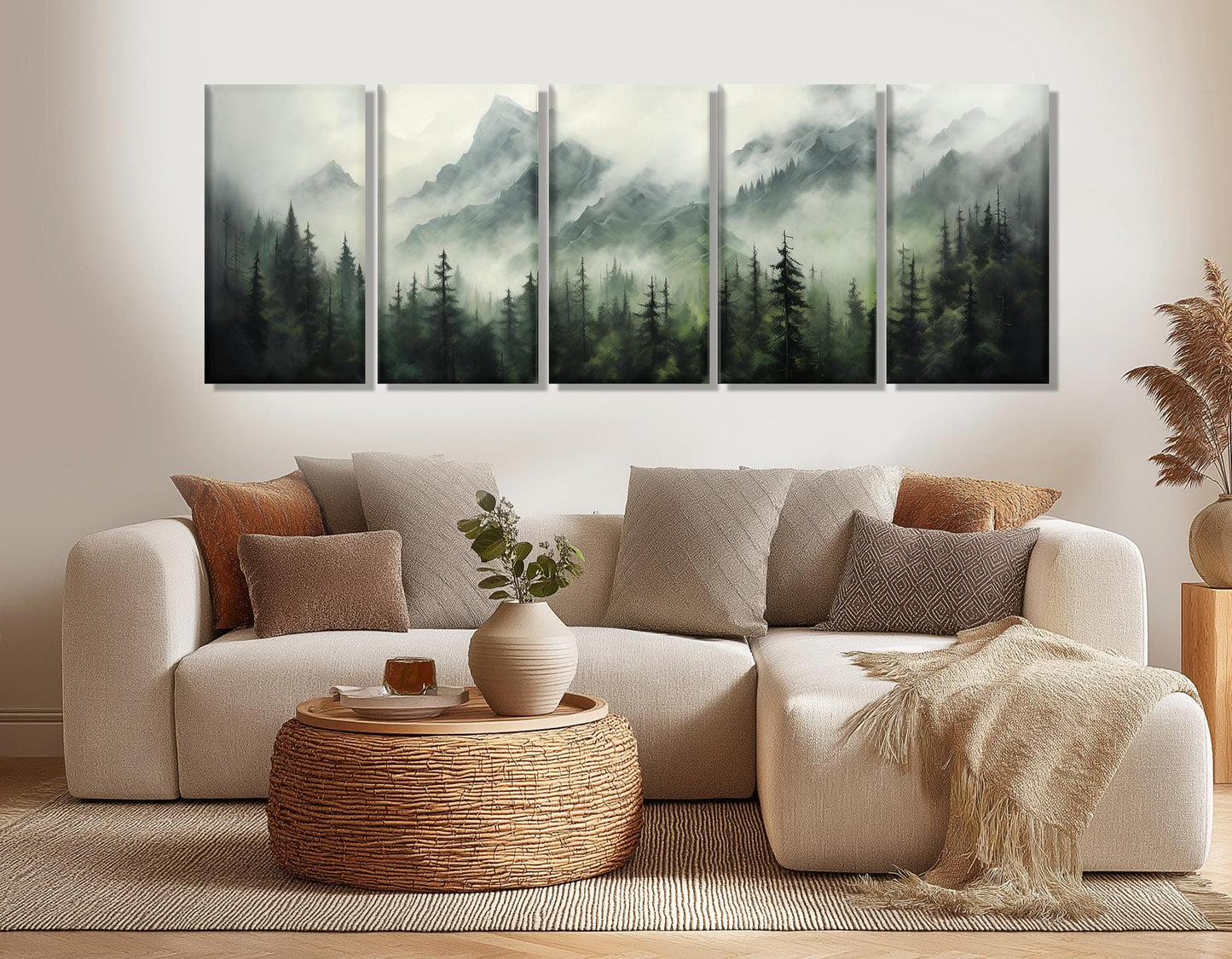 Misty Mountain Forest Canvas – Foggy Pine Trees Painting | Framed & Ready to Hang