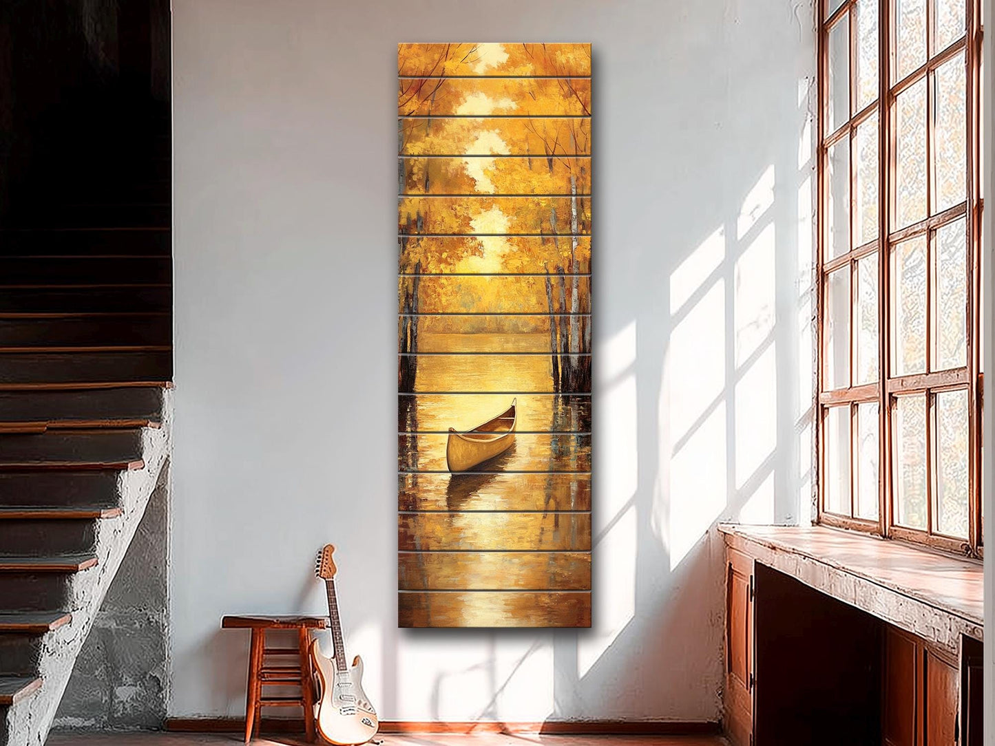 Canoe Painting Printed on Natural Wood – Golden Autumn Lake Scene – Rustic Cabin Wall Decor, Wood Wall Art