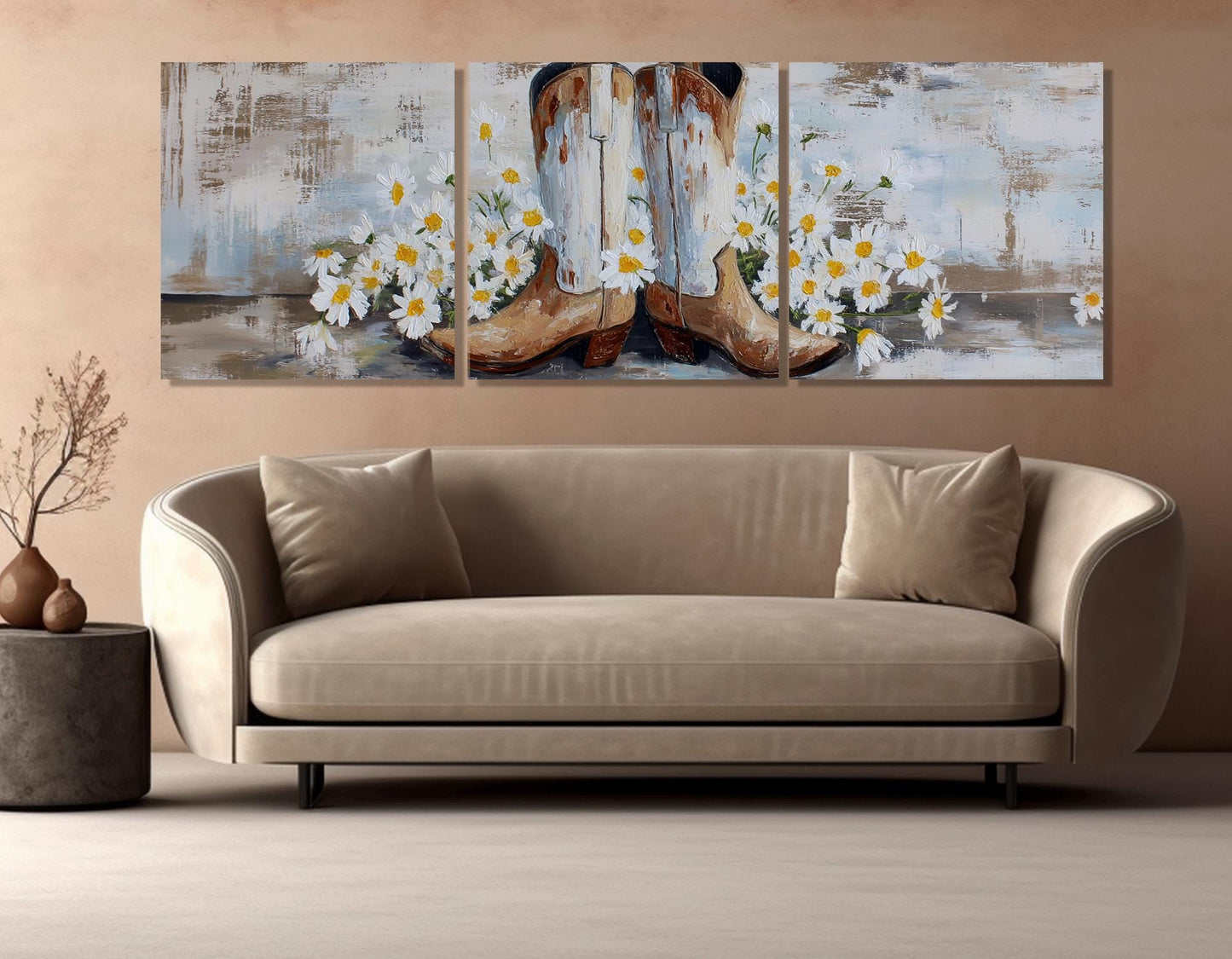 Cowboy Boots Canvas Print – Rustic Western Wall Art with Daisies, Framed & Ready to Hang