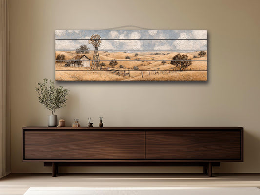 Rustic Farmhouse Wall Art - Wooden Windmill Panoramic Wood Print Decor