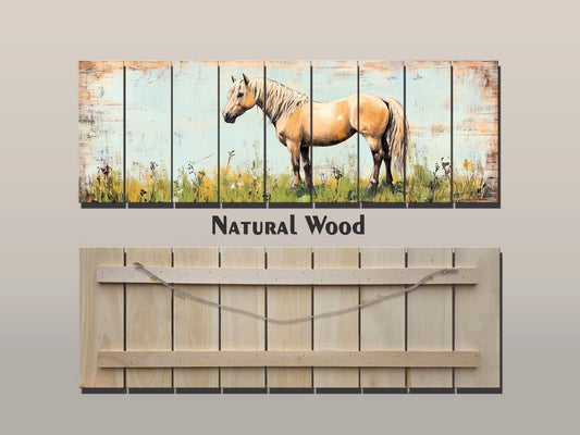 Rustic Wood Wall Art - Pony in a Grassy Field Print on Natural Wood, Horse Painting, Horses Wall Art, Pony Poster, Farmhouse Wall Decor