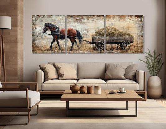 Horse Canvas Print – Brown Horse Pulling Wooden Cart | Rustic Wall Decor Framed Canvas
