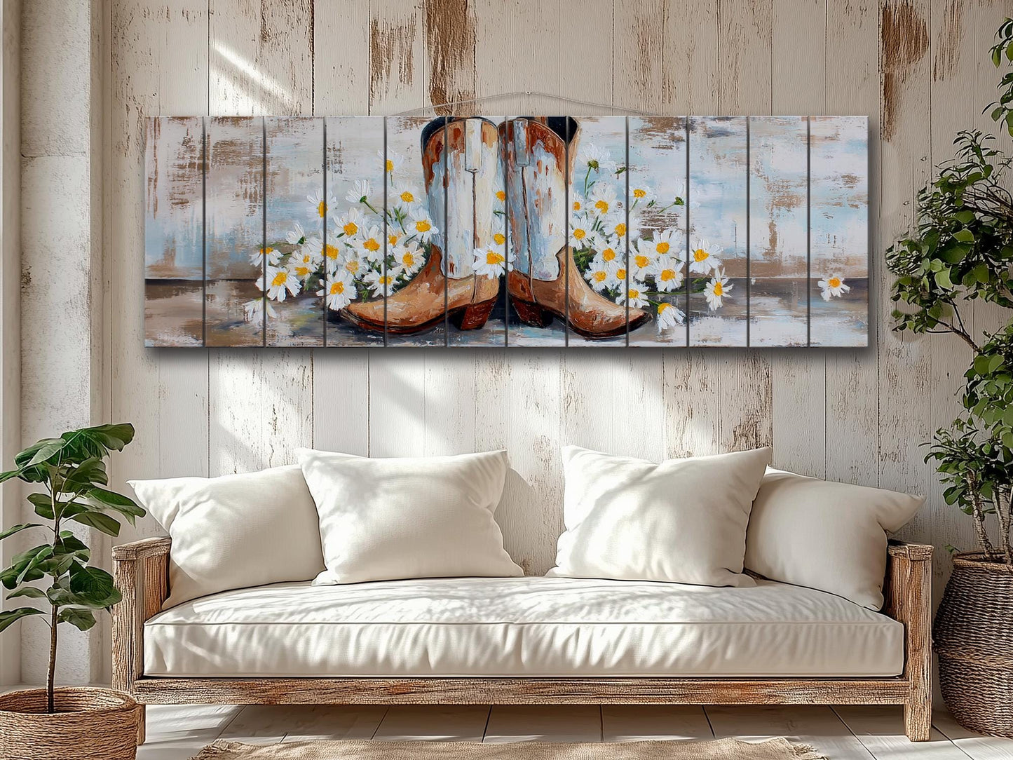 Cowboy Boots Wall Art - Handcrafted Wood Print | Rustic Western Decor with Daisies