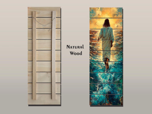 Wood Wall Art – Jesus Walking on Water Print on Natural Wood – Christian Rustic Print – Religious Wall Art, Biblical Wall Decor