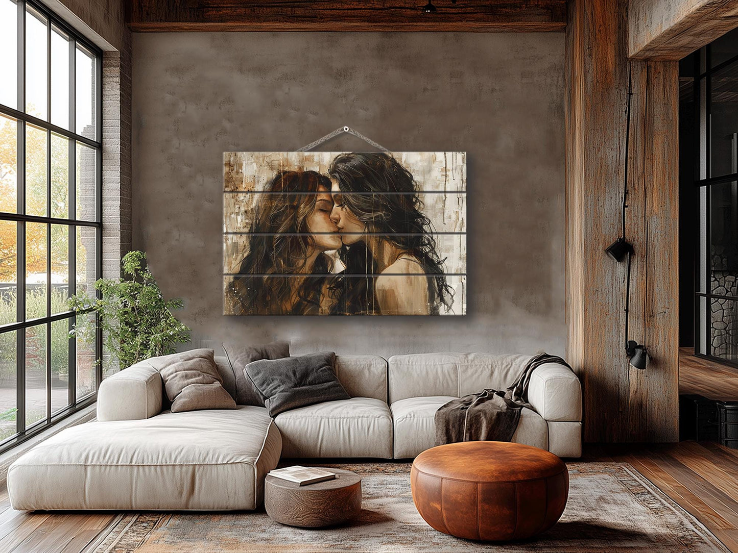 Abstract LGBT Kiss Painting Printed on Natural Wood, Erotic Wall Art, LGBT Sexy Wall Art, Gay Wall Decor, Wood in Interior, Wood Wall Art