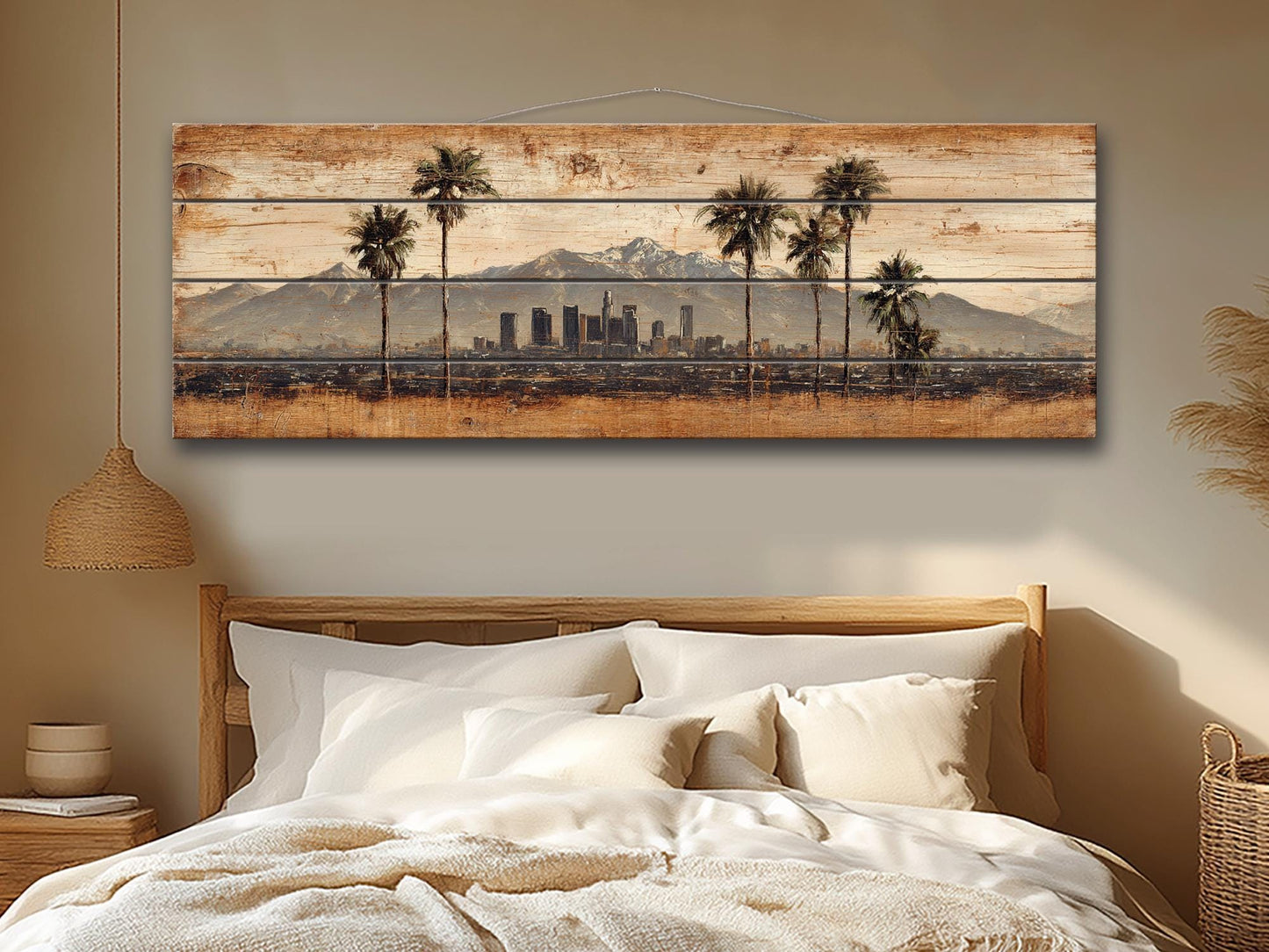 Los Angeles Wood Art - Rustic Wood Print With Palm Trees & Mountains | Farmhouse Wall Decor