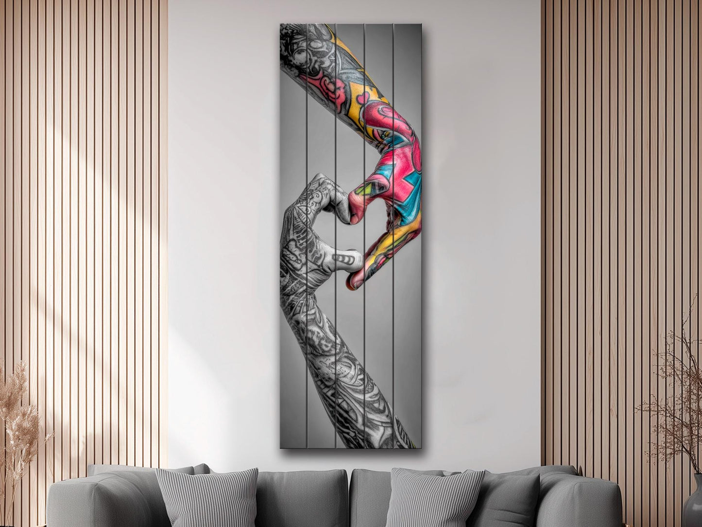 Tattooed Hands Print – Modern Love Art on Wood | Unique Tattoo Wall Decor