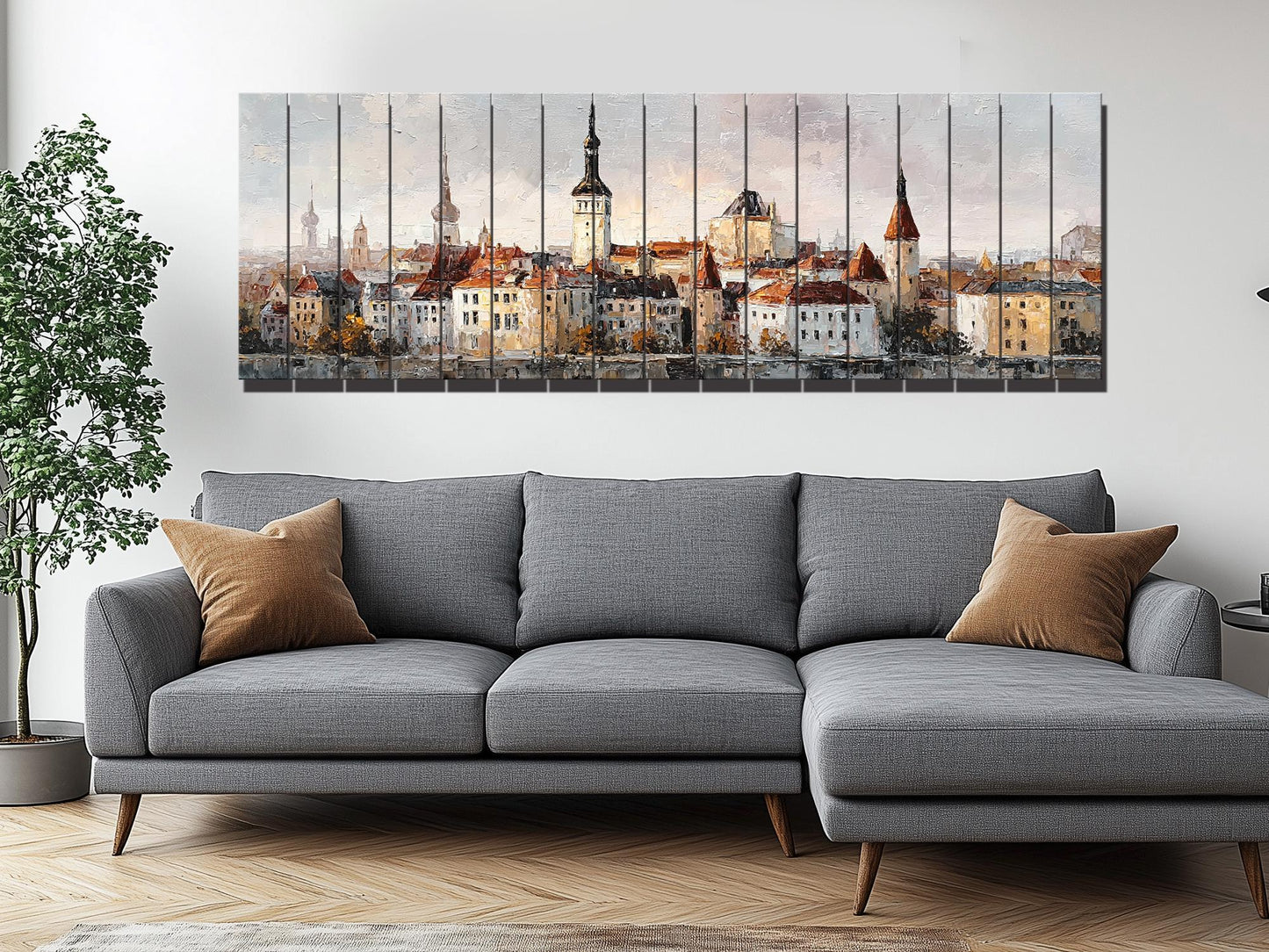 Tallinn Wood Print – Rustic Wall Art With Beige Morning Skyline on Distressed Wood