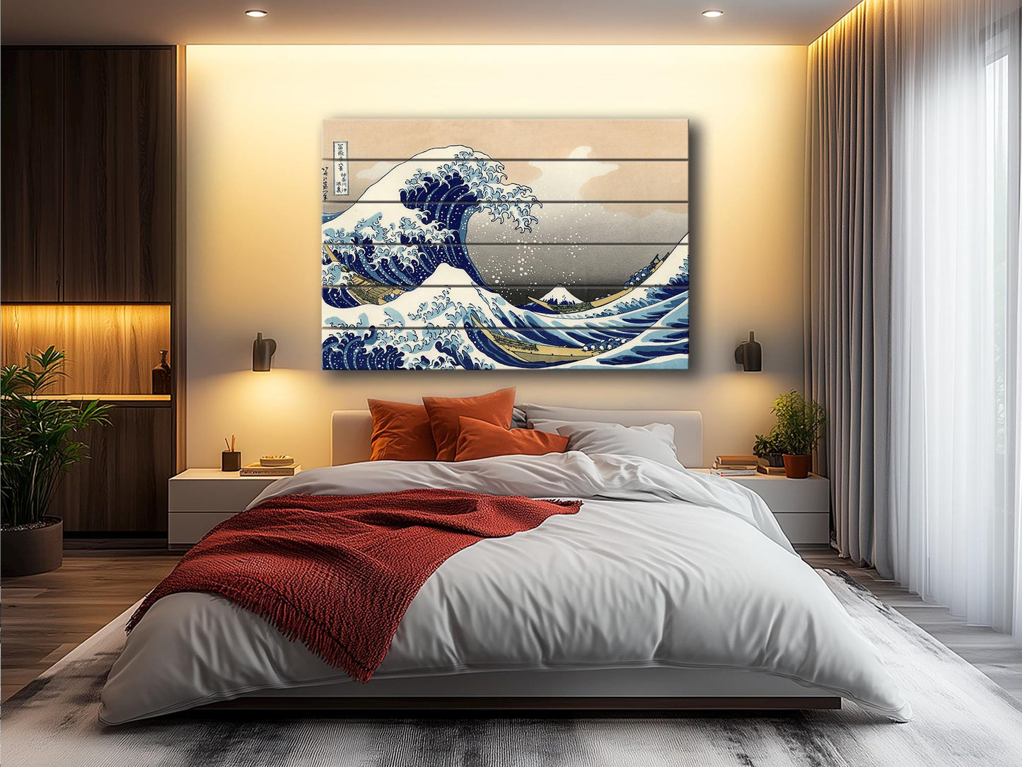 Great Wave Wood Print – Japanese Wall Art | Abstract Sea Waves Wooden Plank Art