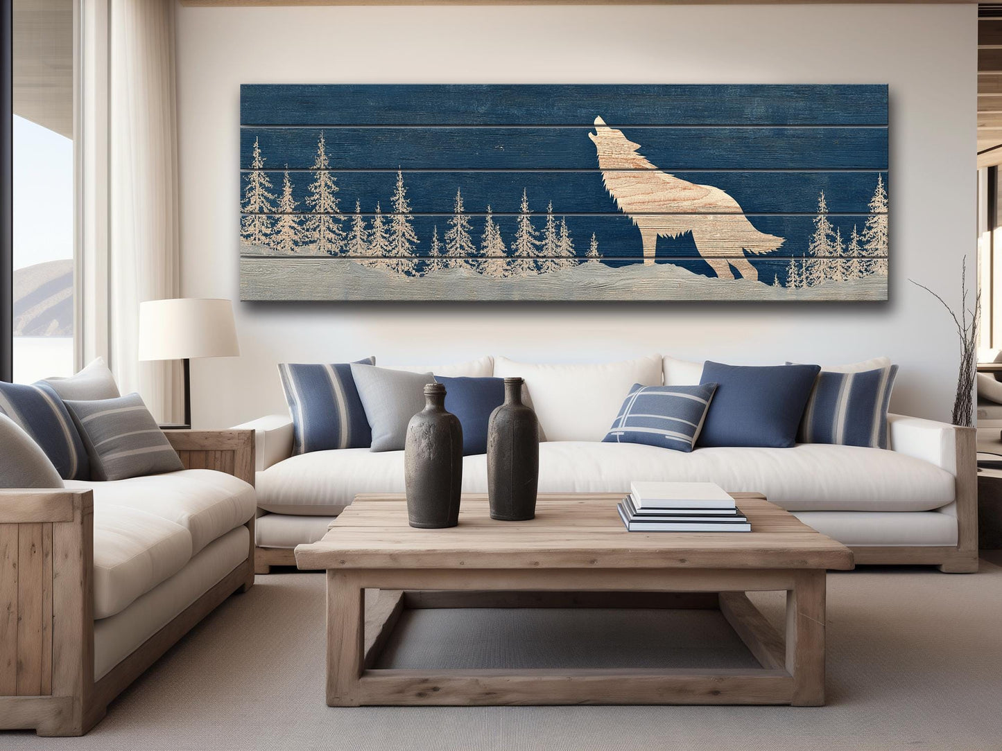 Wolf Silhouette in Snowy Forest Print on Natural Wood, Rustic Howling Wolf Wall Art