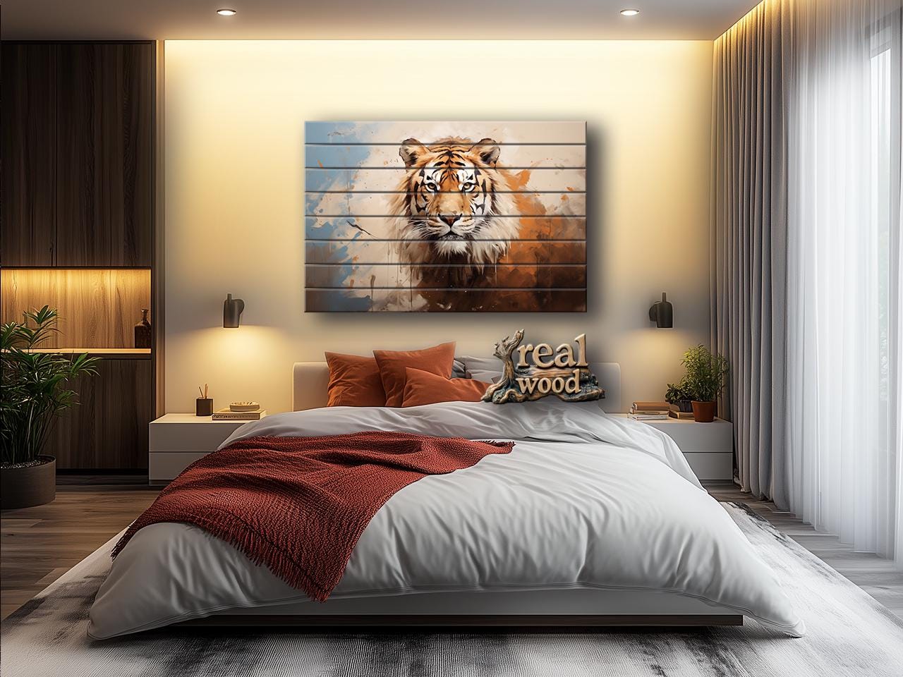 Tiger Wood Wall Art – Natural Wood Print | Abstract Tiger Print Wooden Decor