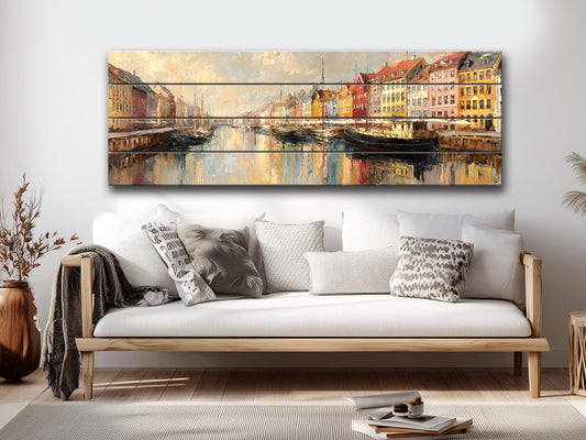 Copenhagen Harbor Wood Print – Rustic Wall Art with Colorful Building Art on Distressed Wood