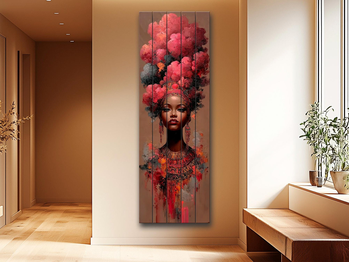 African Woman Wood Print – Tribal Wall Art With Red Cloud Headdress, Ready to Hang