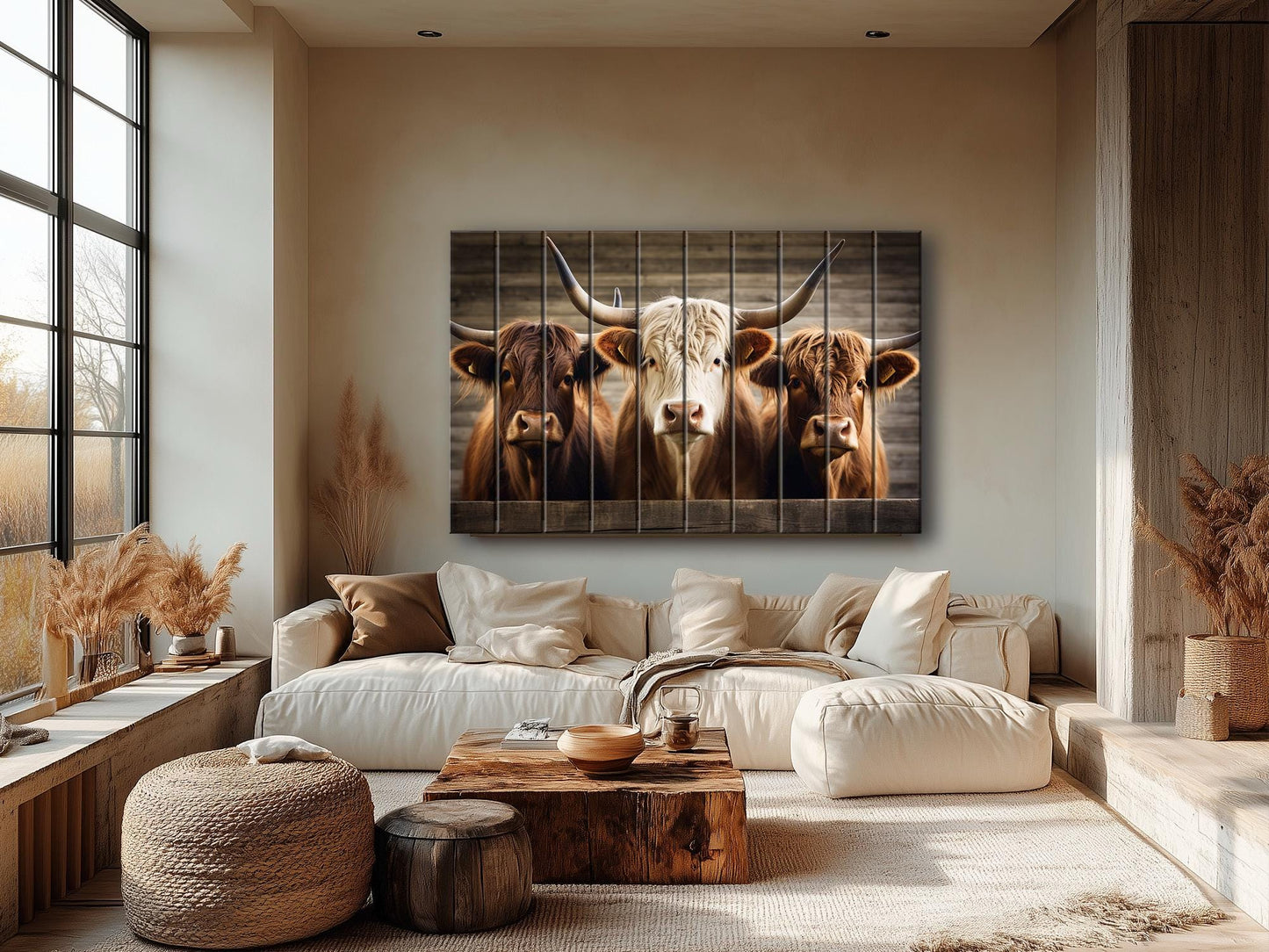 Rustic Wood Wall Art – Highland Cows Painting on Natural Wood Planks | Farmhouse Wall Decor
