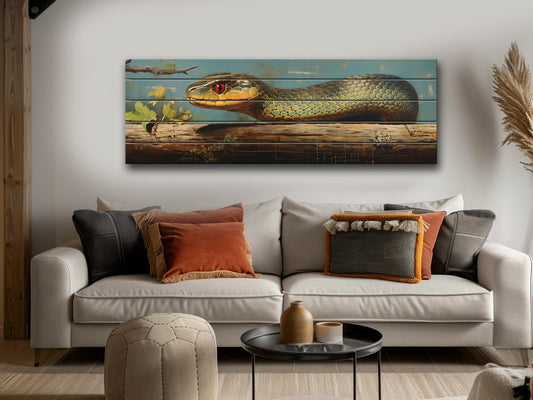Vintage Snake Wall Art – Rustic Wildlife Print on Wood Panel Decor