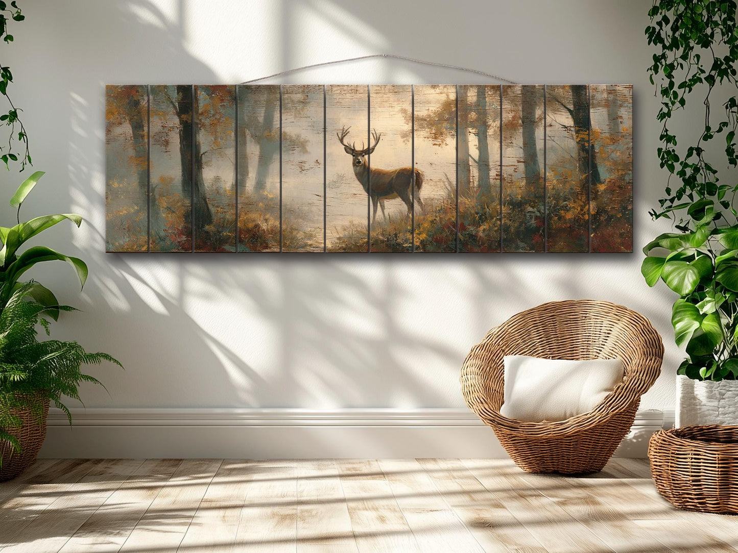 Rustic Wood Wall Art - Majestic Deer in a Misty Enchanted Forest Print on Natural Wood, Soft Tones Deer Wall Art, Hunting Cabin Wall Decor