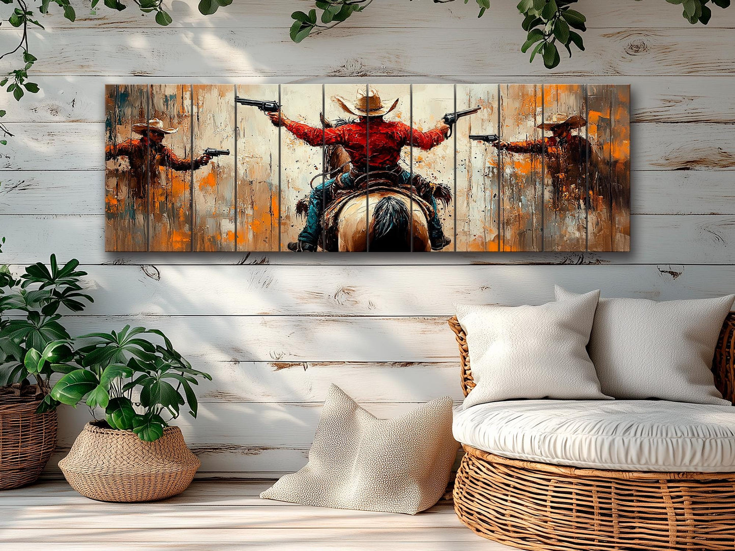 Wild West Wall Art - Retro Style Cowboys Painting Printed on Natural Wood, Western Wall Decor, Western Movie Lover Gift, Wild West Print
