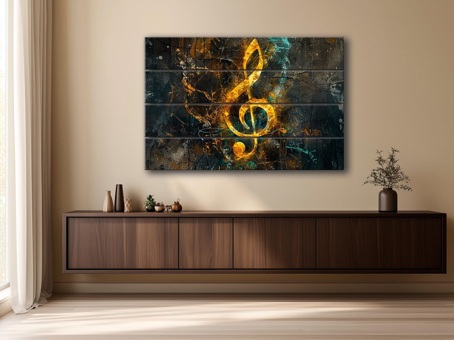 Treble Clef Wall Art - Rustic Wood Plank Painting with Organic Texture