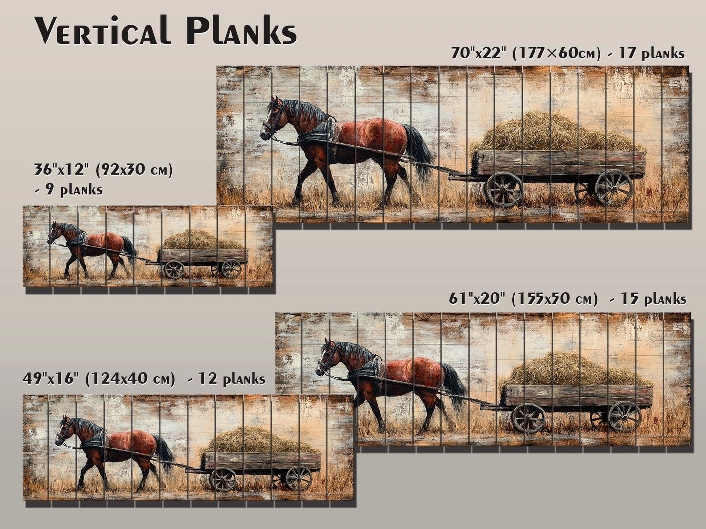 Rustic Wood Wall Art - Brown Horse Pulling Wooden Cart with Hay Printed on Natural Wood, Farm Horse Painting, Cabin Wall Decor