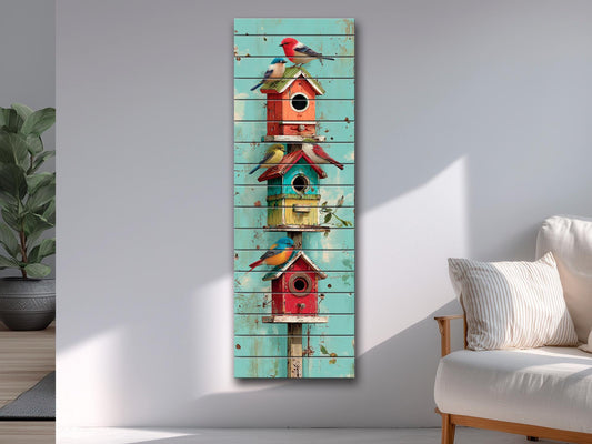 Rustic Wood Wall Art – Colorful Birdhouses Decor | Farmhouse Outdoor Art