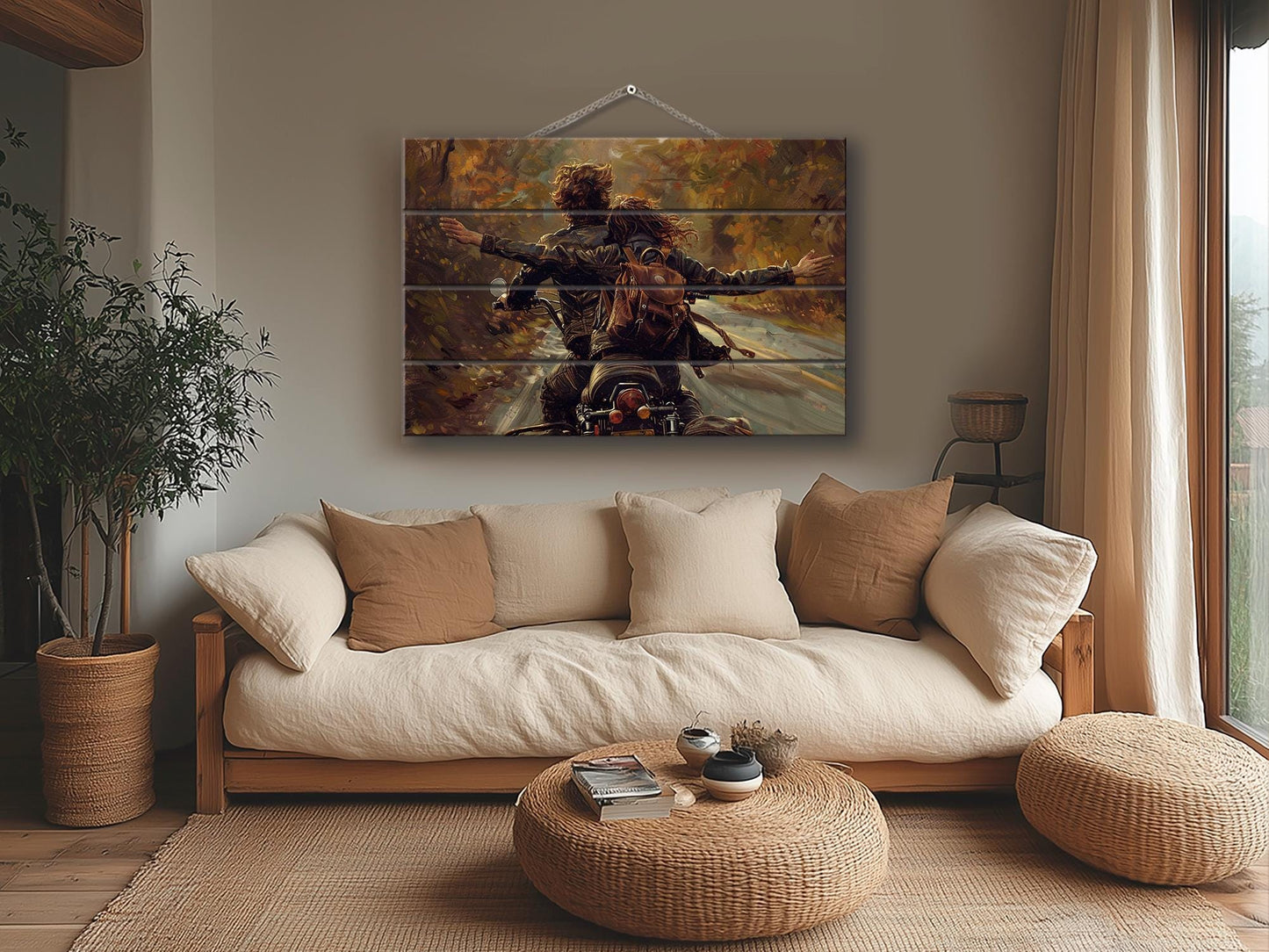 Wood Wall Art - Happy Couple on Bike Print on Natural Wood, Love Wall Art, Traveler Gift, Romantic Painting, Biker Gift, Travel Wall Art